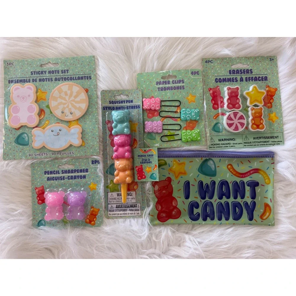 Gummy Bear Stationery Set Pencil Case Pen Sticky Notes Erasers Clips 6pc Bundle